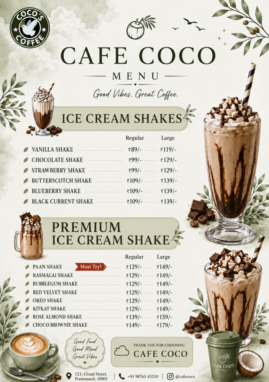 Cafe Coco Ice Cream Shakes Menu