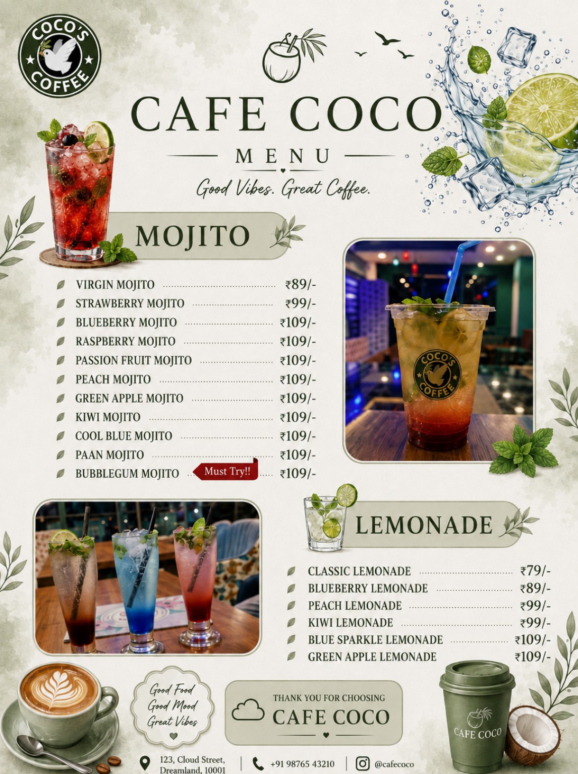 Cafe Coco Mojito and Lemonade Menu