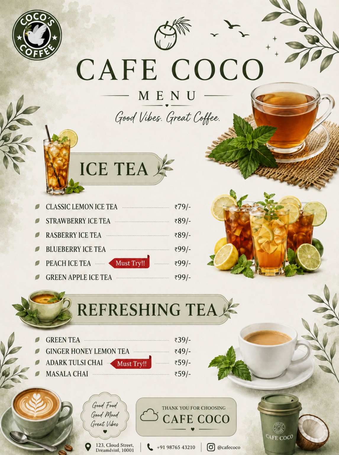 Cafe Coco Ice Tea and Tea Menu
