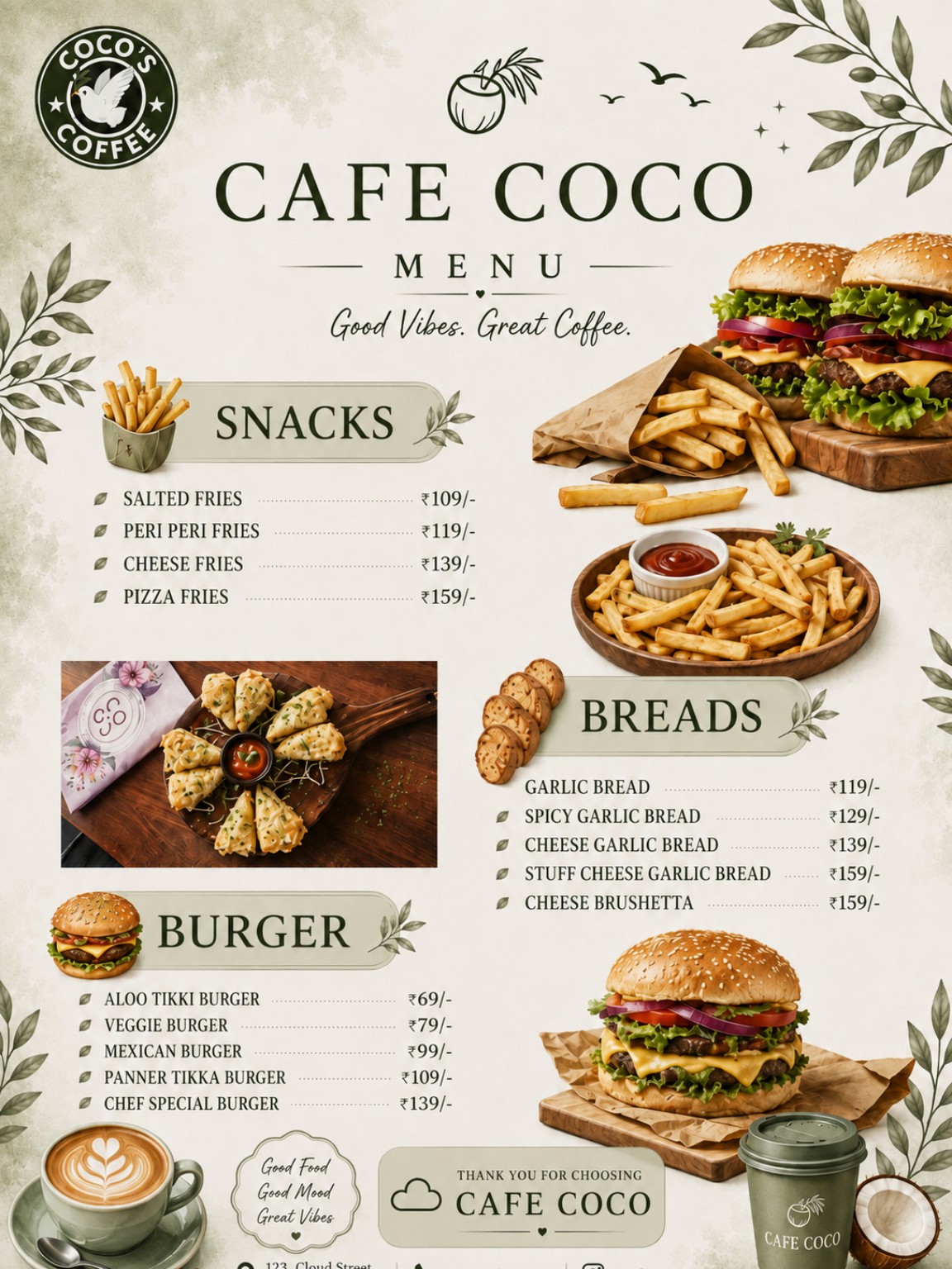 Cafe Coco Snacks Breads Burgers Menu