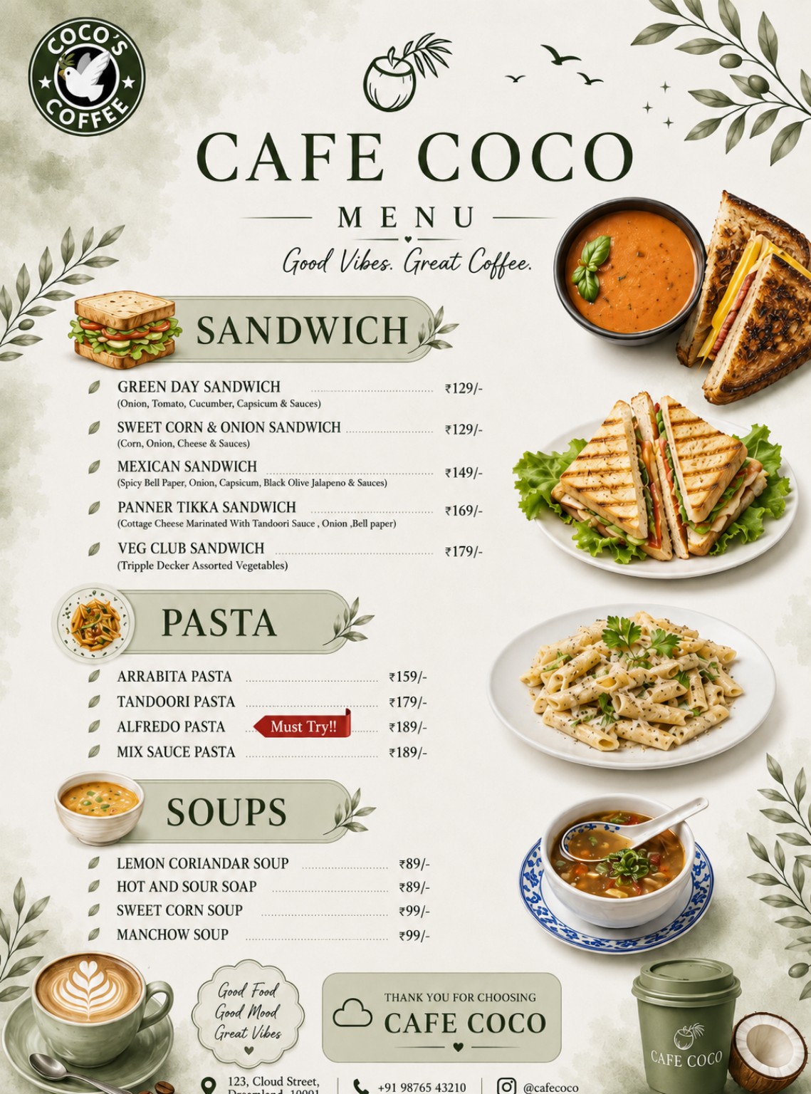 Cafe Coco Sandwich Pasta Soups Menu